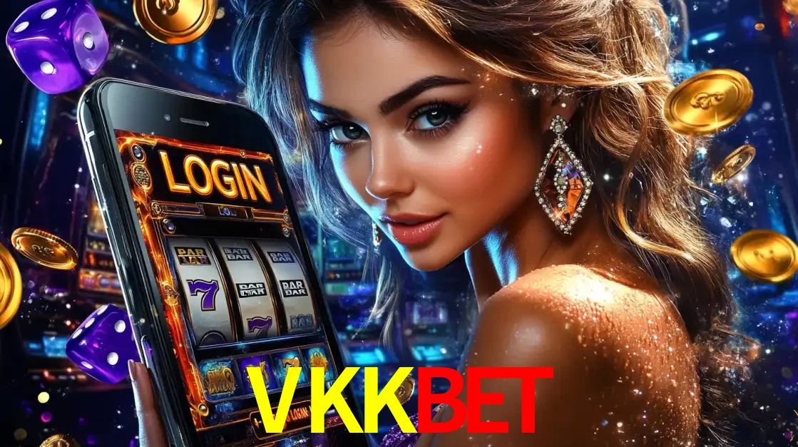 Mulher glamorosa segurando um smartphone com a tela de login para os jogos de caça-níqueis do cassino online VKKBET, com moedas de ouro e dados ao redor.