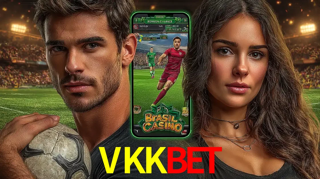 Homem segurando uma bola de futebol e uma mulher ao lado de um smartphone exibindo o jogo de apostas esportivas da VKKBET. Faça seu palpite no cassino online.